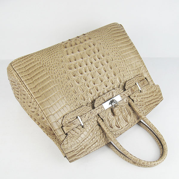 High Quality Fake Hermes Birkin 35CM Crocodile Head Veins Leather Bag Apricot 6089